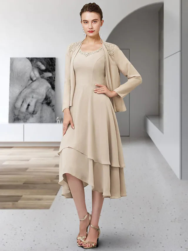 Wholesale Two Piece A-Line Mother of the Bride Dress Elegant Jewel Neck Asymmetrical Chiffon Sleeveless with Ruffles Tier Appliques